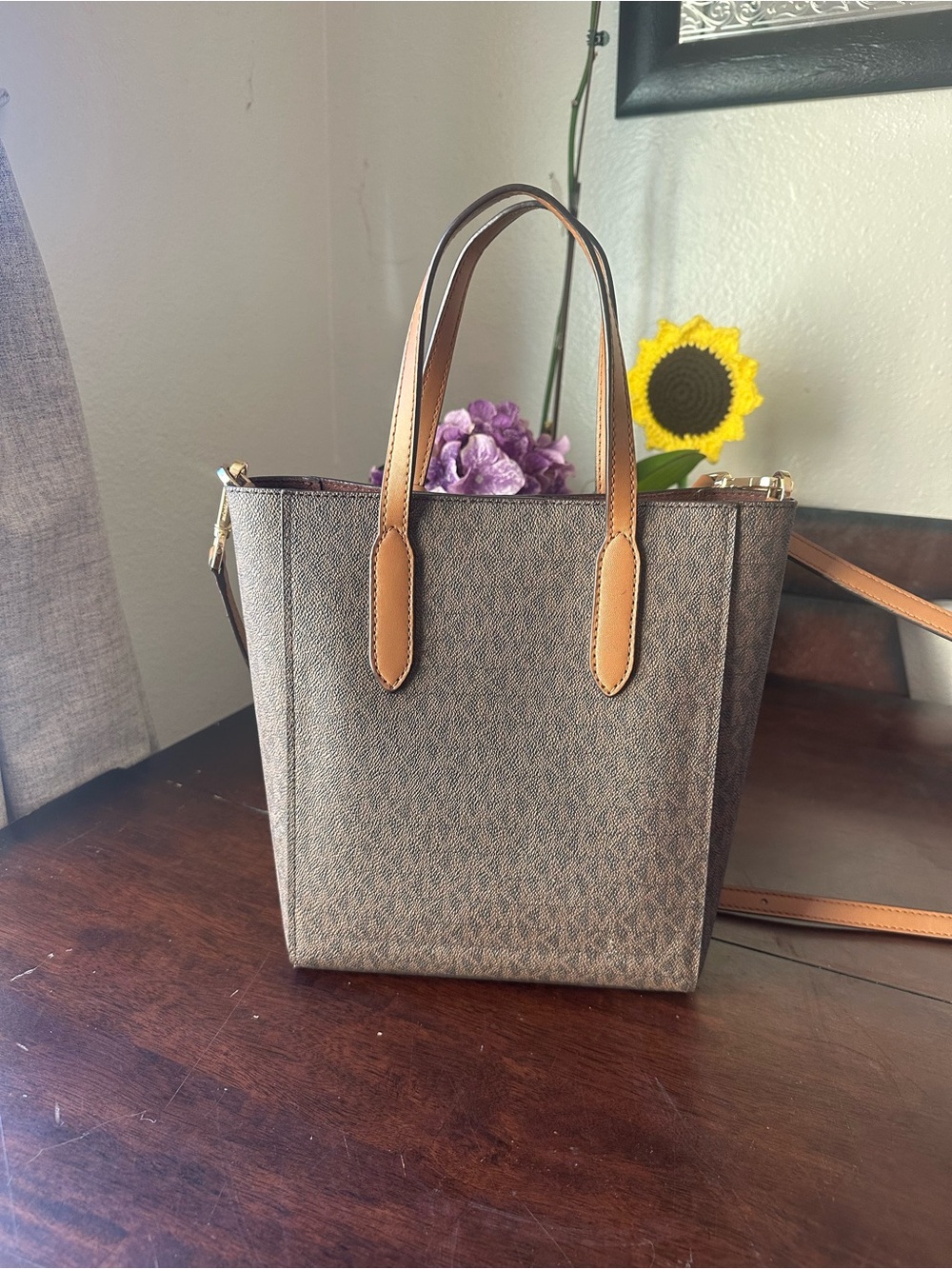 Michael Kors Brown Signature Tote with Tan Leather Trim - Picture 2 of 15